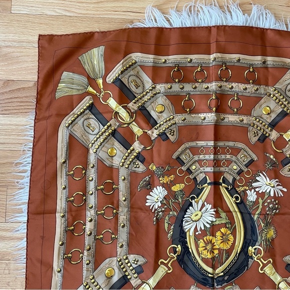 Hermès Vintage Brown Square Aux Champs Equestrian Floral Print Silk Scarf 90cm - Picture 6 of 12